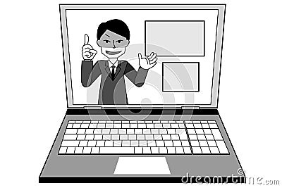 Men cheating at online seminars Grayscale version Vector Illustration